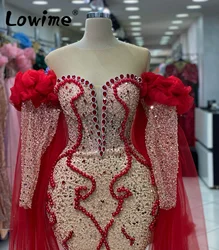 Elegant Arabic Red Evening Dresses Long Sleeve Ruffles Crystals Beaded Wedding Events Party Dress Long Mermaid Prom Gowns Robes