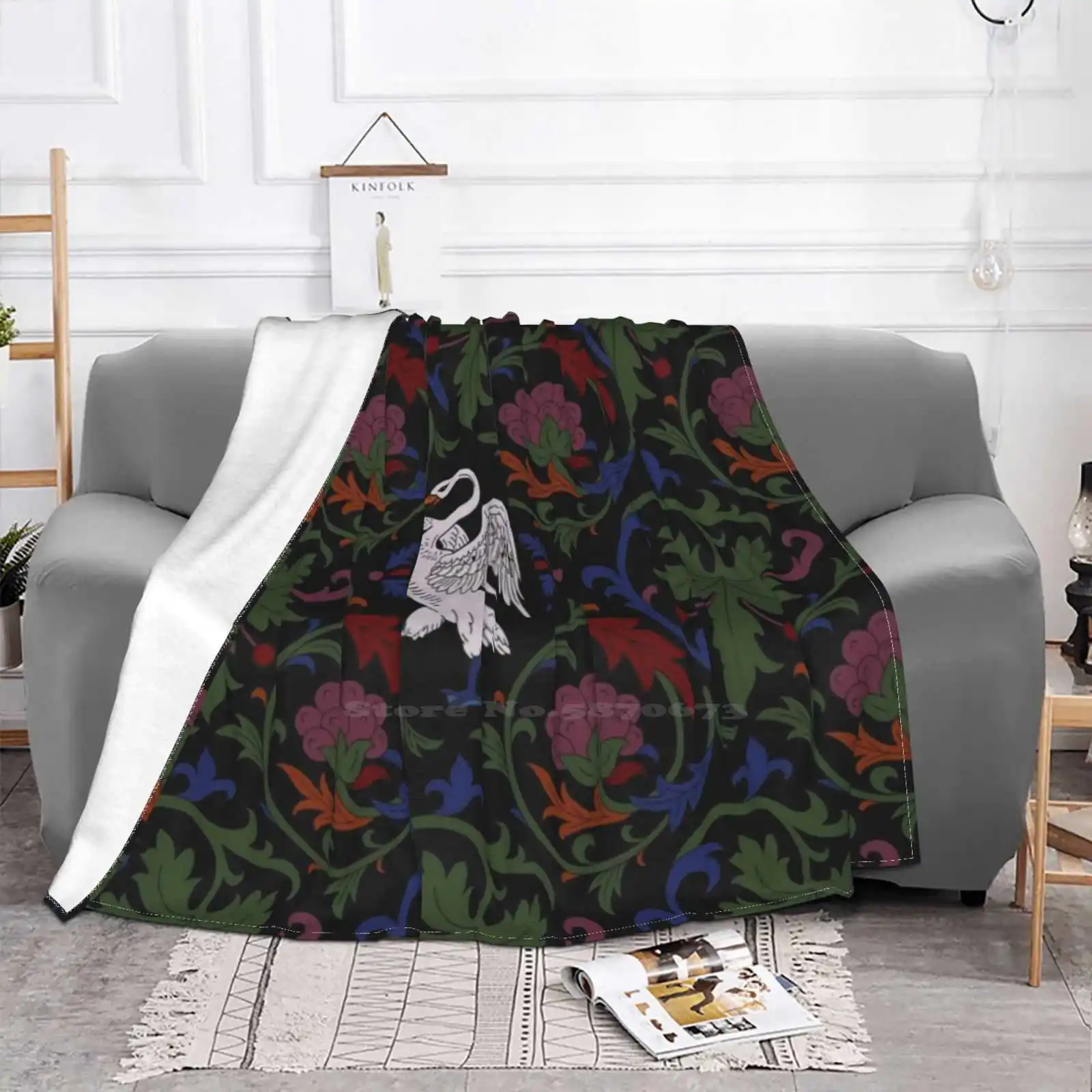 The Rampant Swan Fashion Soft Warm Flannel Blanket Swan Medieval Pattern Flora William Morris Greenery Romantic Preraphealite