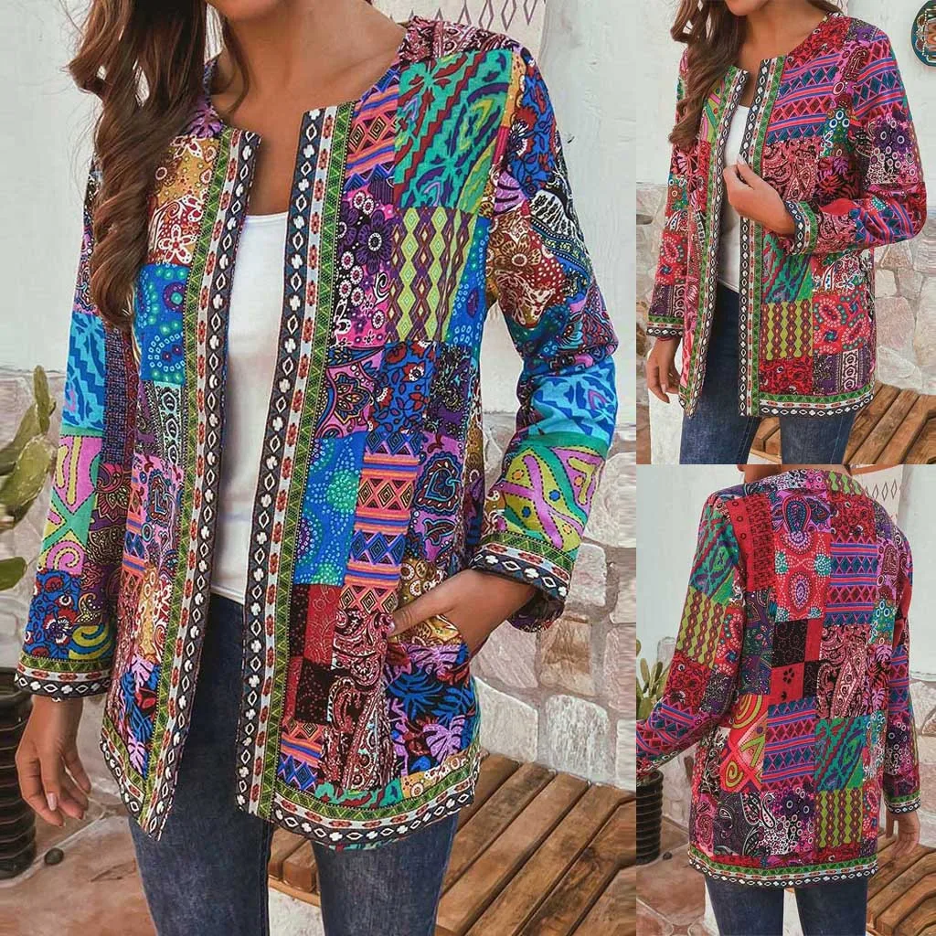 Women Cardigan Floral Print Coat Vintage Boho Ethnic Style Long Sleeve Plus Size Cotton Jacket Autumn Winter Retro Chic Loose