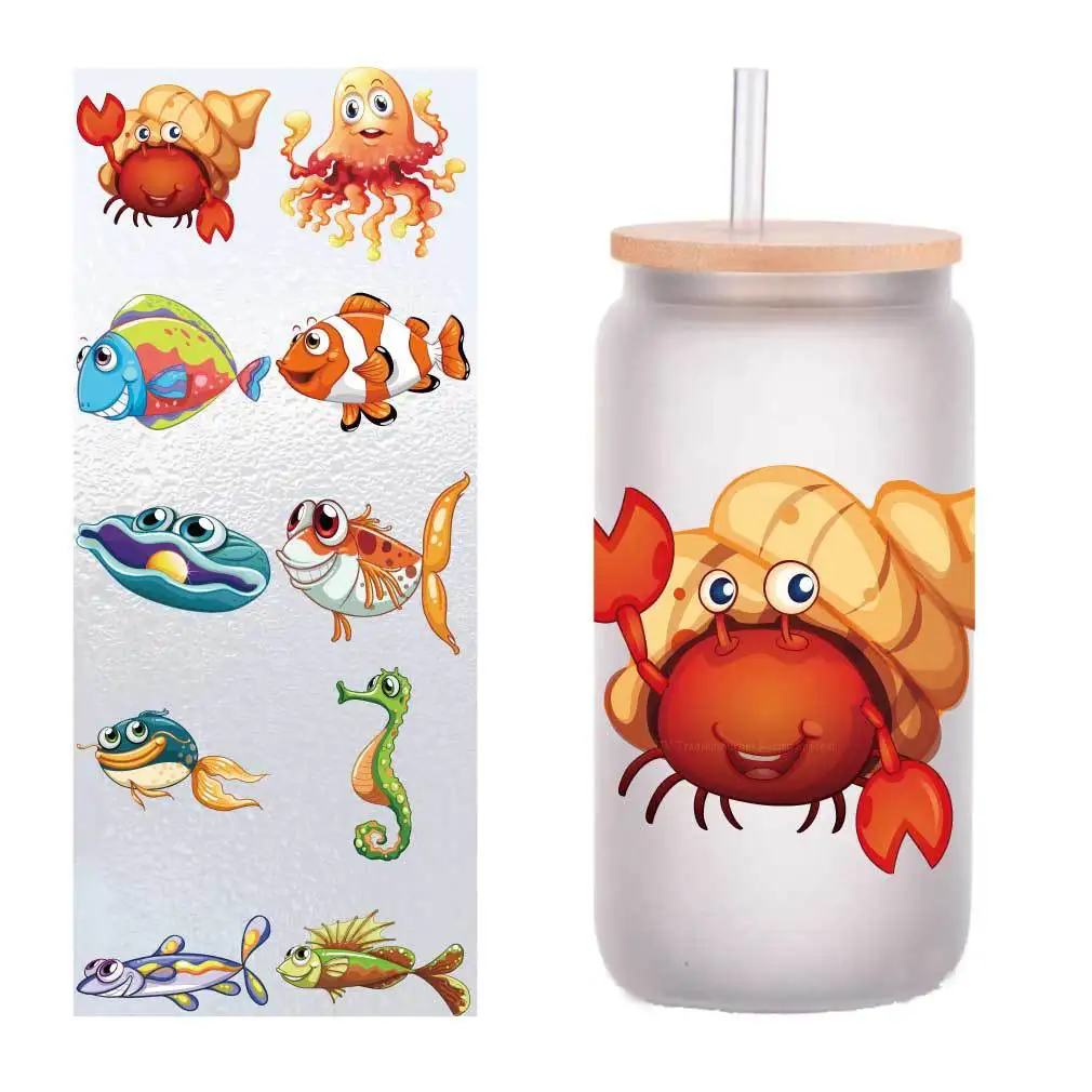 

10 pieces/pack cartoon marine fish UV transfer sticker Crystal label glass sticker customized four inches