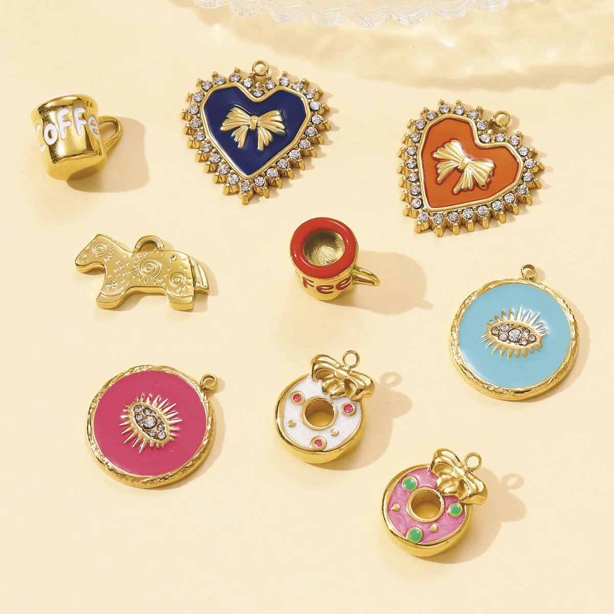 3pcs/Lot Cute Stainless Steel Coffe Cup Doughnut Necklace Pendants Enamel Dog Bow Knot DIY Charms Women Love Heart Jewelry