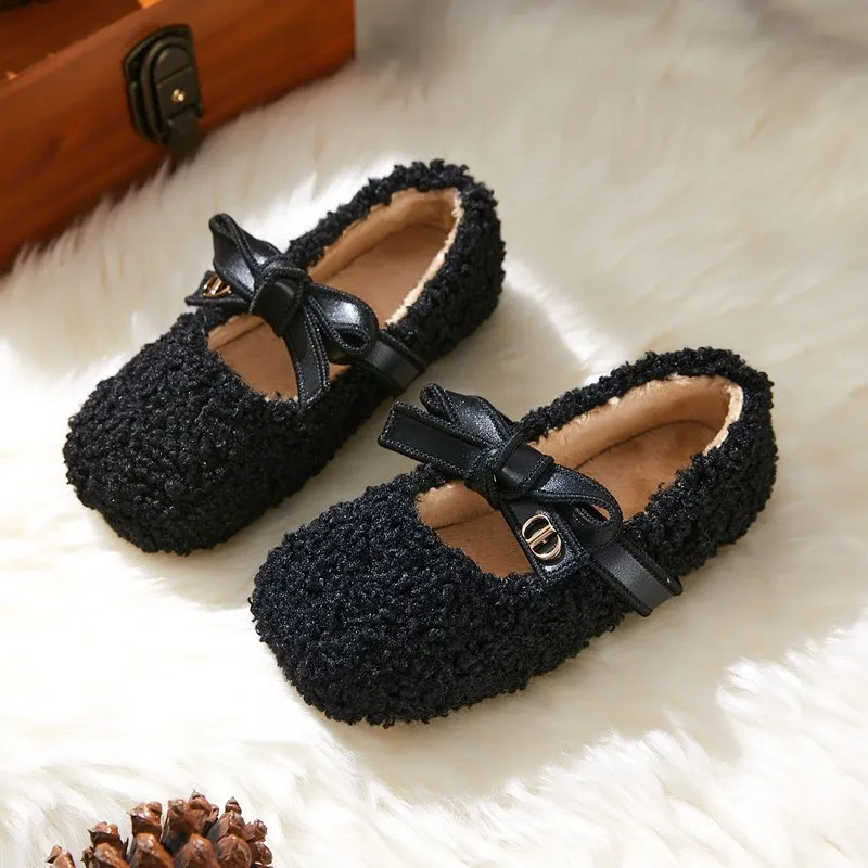 Mocasines peludos de invierno para niñas pequeñas, zapatos cálidos informales de princesa con lazo bonito, Zapatillas de casa de felpa