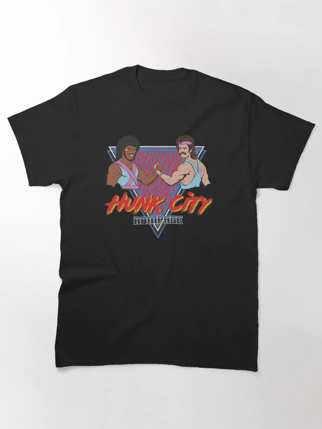 تي شيرت City Wild Hero Adventure Pattern من القطن الأسود للجنسين بنمط المصارعة الكلاسيكي "Hunk City" بأكمام قصيرة مطبوعة #1