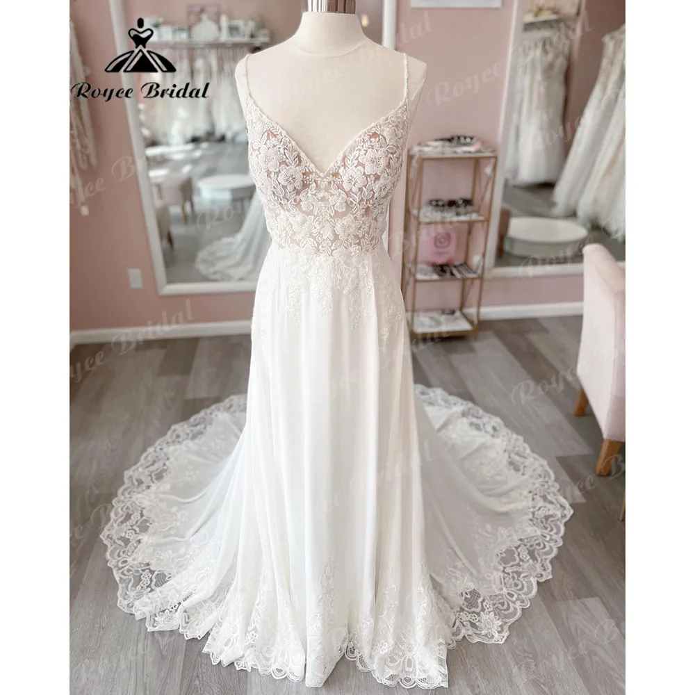 Brautkleid Boho Lace Applique Spaghetti Straps Wedding Dress with V Neck 2024 Bridal Gown for Women vestido de novia Roycebridal