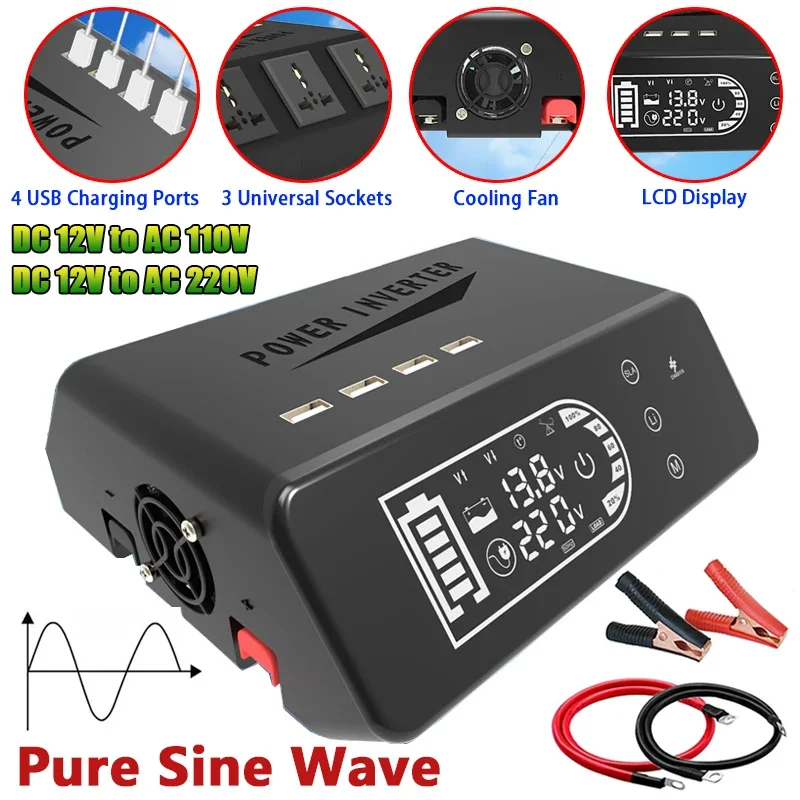 DC 12V To AC 110V/220V Pure Sine Wave Power Inverter 1000W Rated Power LCD Display Voltage Transformer