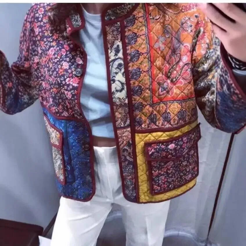 Manteau Long en coton imprimé pour femme, col montant, vêtements d'extérieur décontractés, automne et hiver