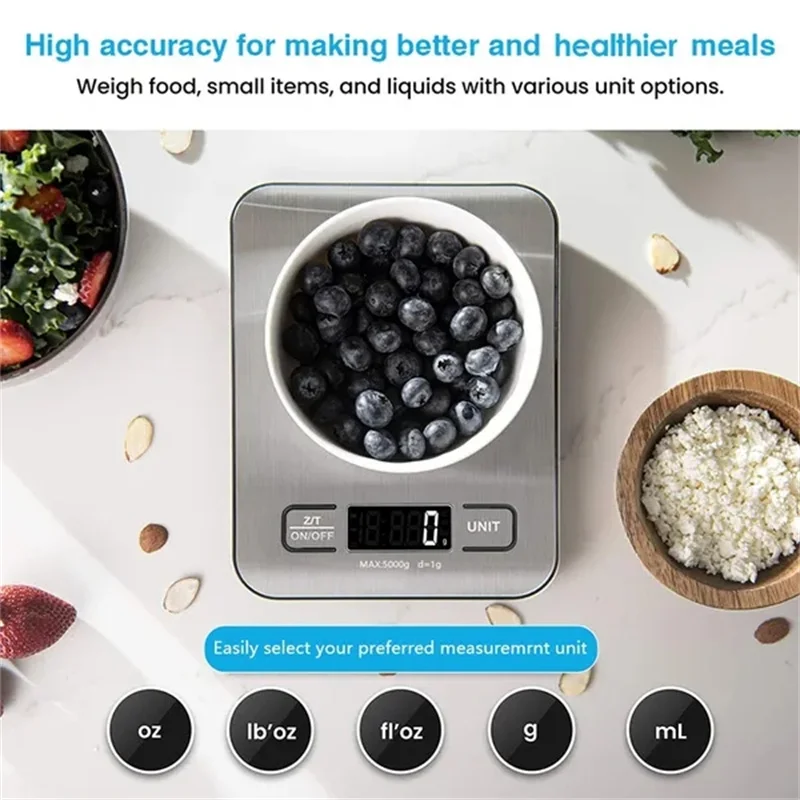 Balance électronique de cuisine numérique avec écran LCD, panneau en acier inoxydable, portable, multifonction, outils de pesage et de cuisson, 5kg,