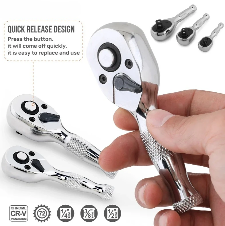 1/4 3/8 1/2 72 Teeth Quick Socket Mini Ratchet Wrench Spanner 2-in-1 Dual Head Stubby Torque Wrench Repair Hand Tools