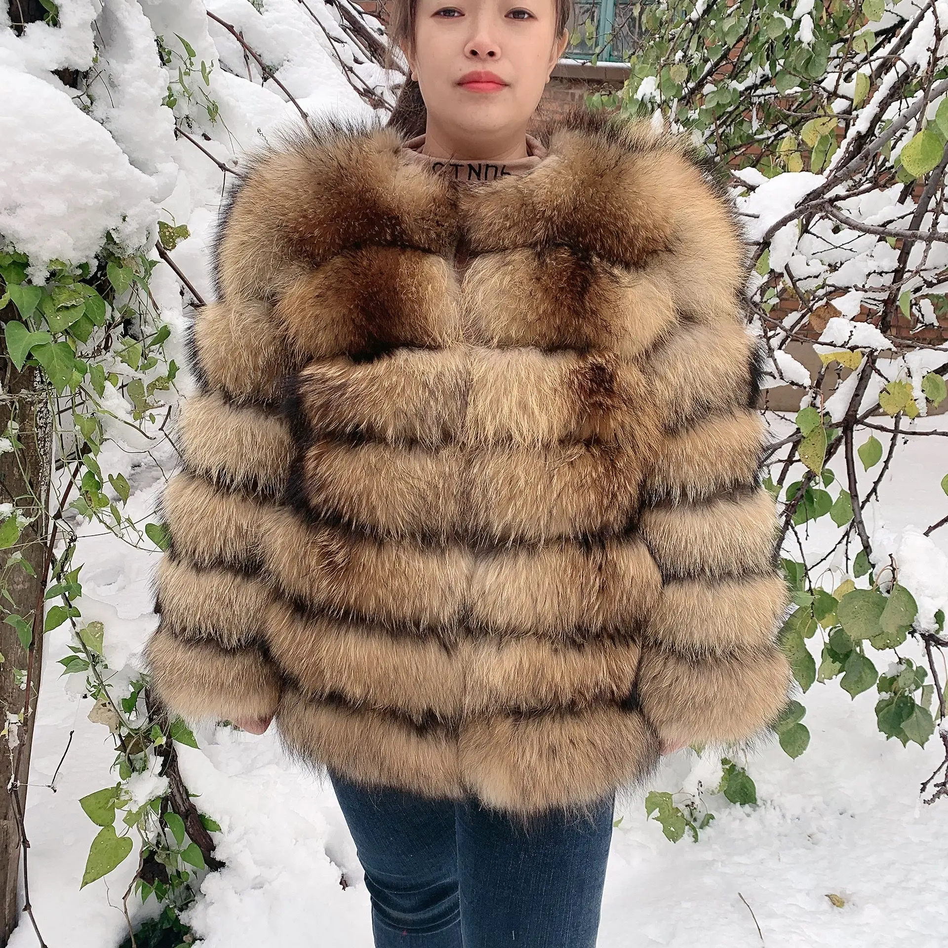 Women Winter Warm Real Fur Coat Raccoon Fur Fashion Long 70cm Natural Real Raccoon Fur Coat Ladies Real Fox Fur Coat High Qualit