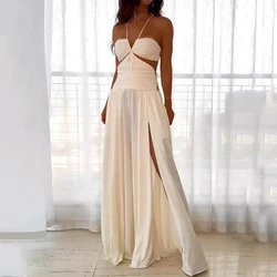 Ellafads Maxi Dress 2024 Women Newest Fashion Solid V Neck Halter Neck Sleeveless Lace Up Backless Hollow Out Slit Long Dresses