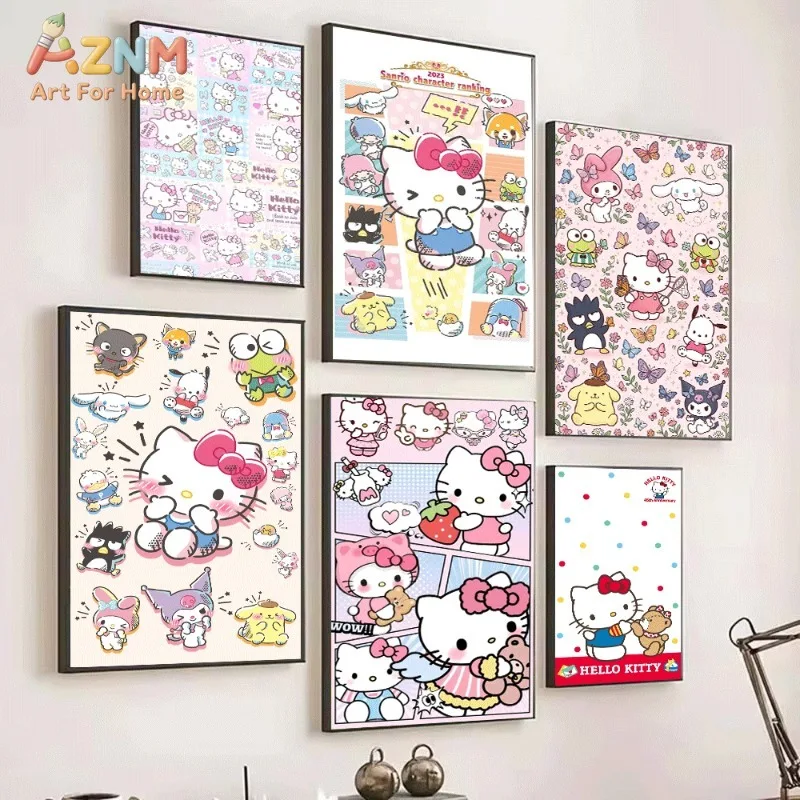 Sanrio Hello Kitty Canvas Wall Art Unframed Print Cute Cartoon Cat Collage Bow Strawberry Poster for Bedroom Dorm Living Room Ho