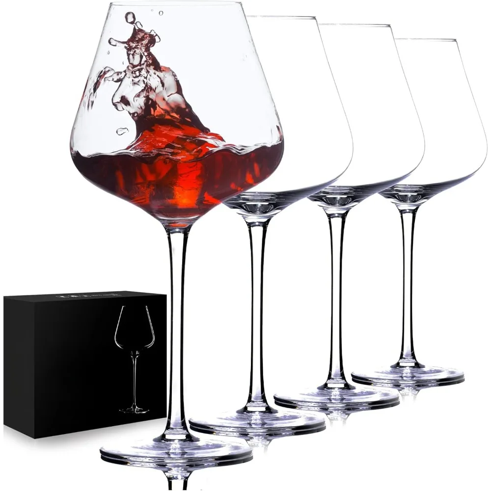 

23 oz Hand Blown Red Wine Glasses 4 Pcs Long Stem Burgundy Crystal Glass Set Large Premium for Wedding Anniversary Gift