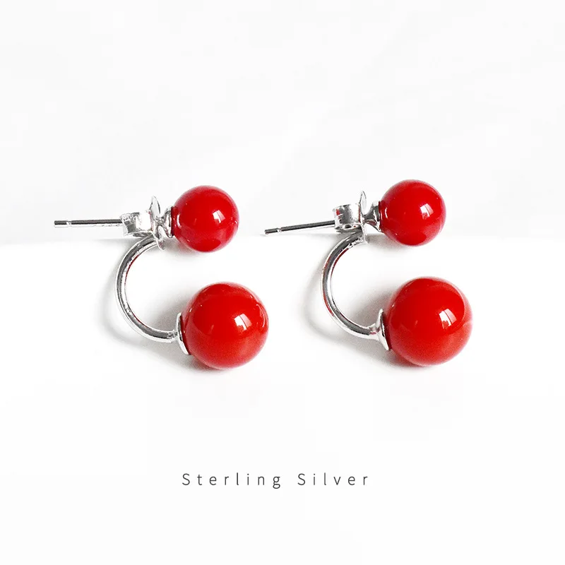 Chic S925 Silver Earrings with Red Pearl for Nightclub and Party