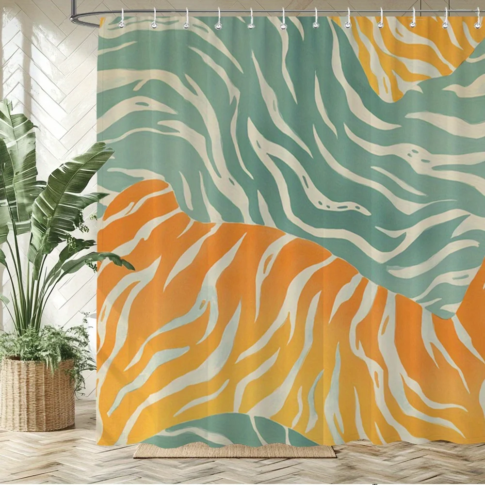 

Abstract Tiger Stripe Shower Curtain – Orange & Teal Waves, 2D Flat, 12 Hooks, 70.8×70.8 in, Polyester, Machine Washable