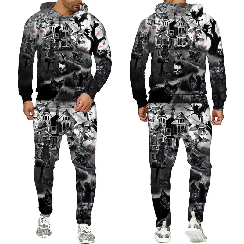 Sweat à capuche Skull Horror pour hommes, pull surdimensionné, impression 3D, ensemble sportif, olympiques décontractés vintage pour enfants, nouveau, automne, 2 pièces