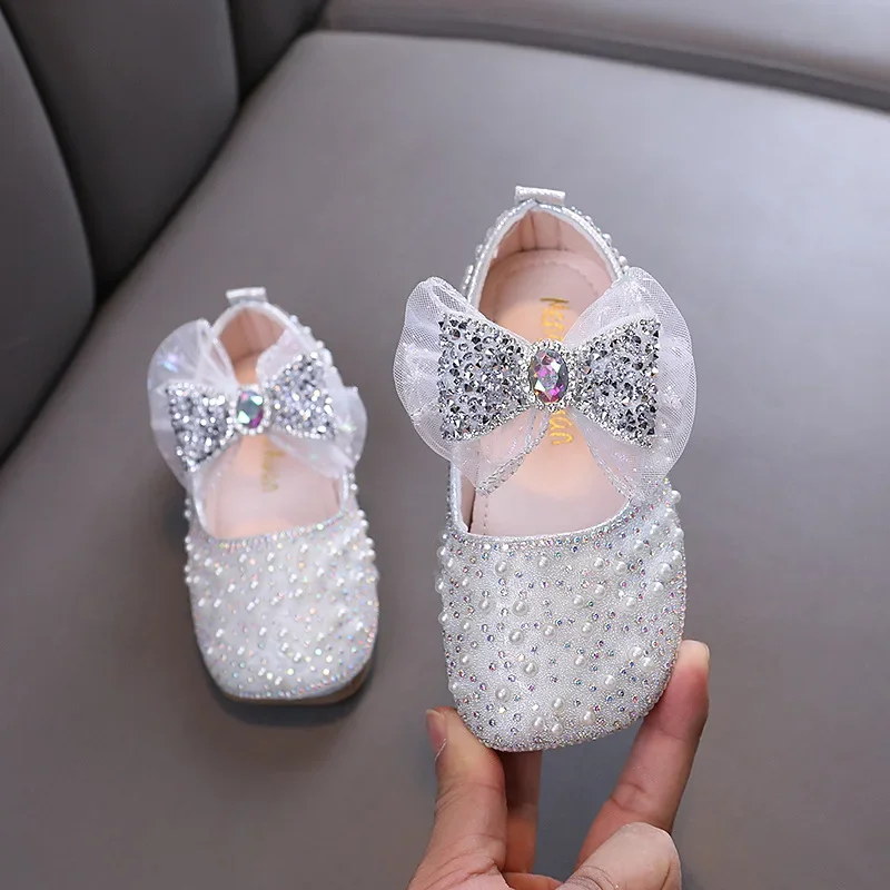 

Girl Leather Shoe Sweet Bowtie Spring Autumn Children Pearl Causal Shoes Fashion Shallow Kids Wedding Party Flat Shoes Non-slip