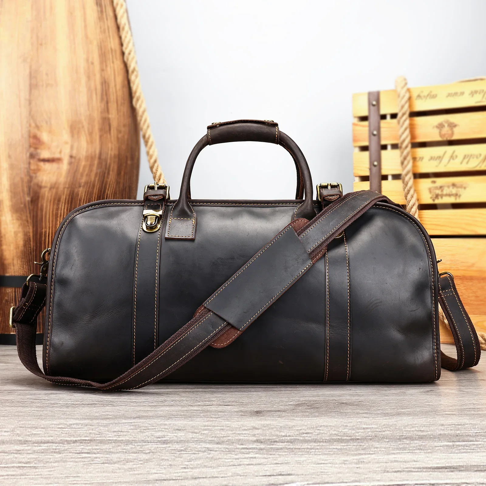 Crazy Horse Leather Travel Tote Bag with Large Capacity for Men