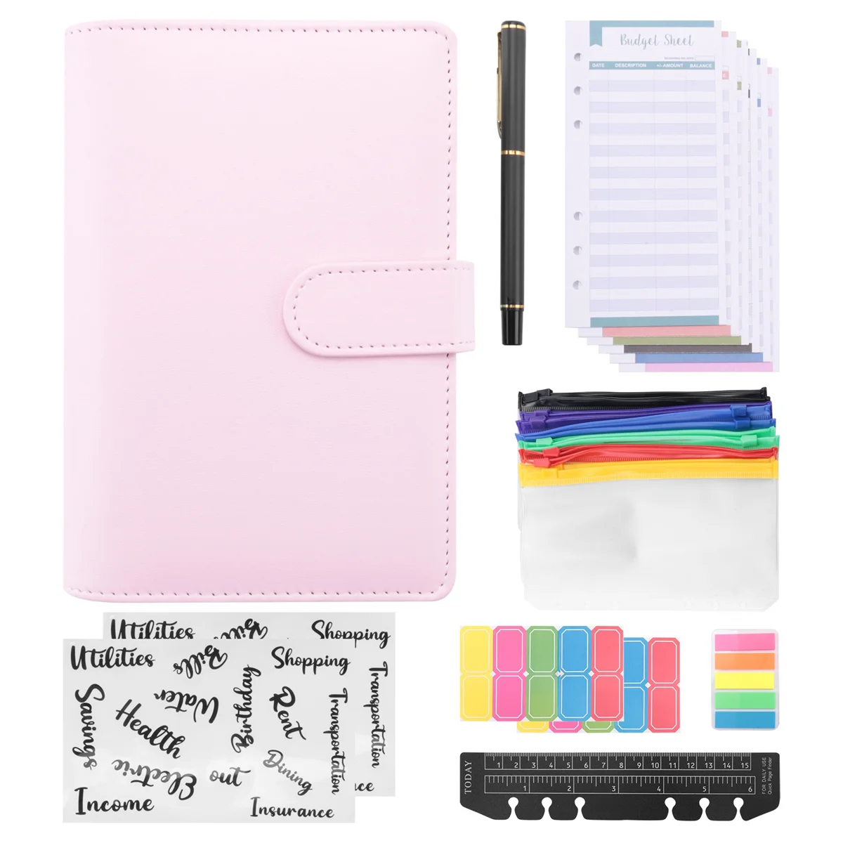 A6 PU Budget Binder with Zipper Envelopes, Widely Used in Home, School and Travel Pink