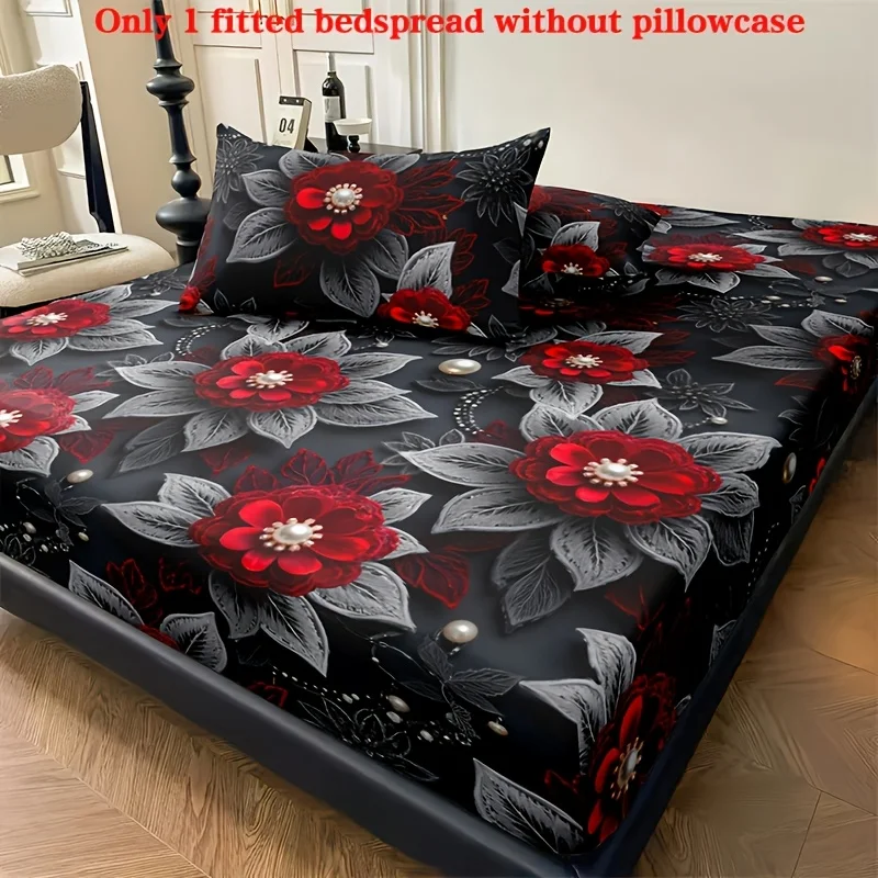 Gray floral pattern print bedding, mattress protector, breathable polyester material (includes 1 fitted sheet + 2 pillowcases). Mattress protector, fitted elastic style, protective cover, mattress cover, fitted bedding, Christmas-themed bedding