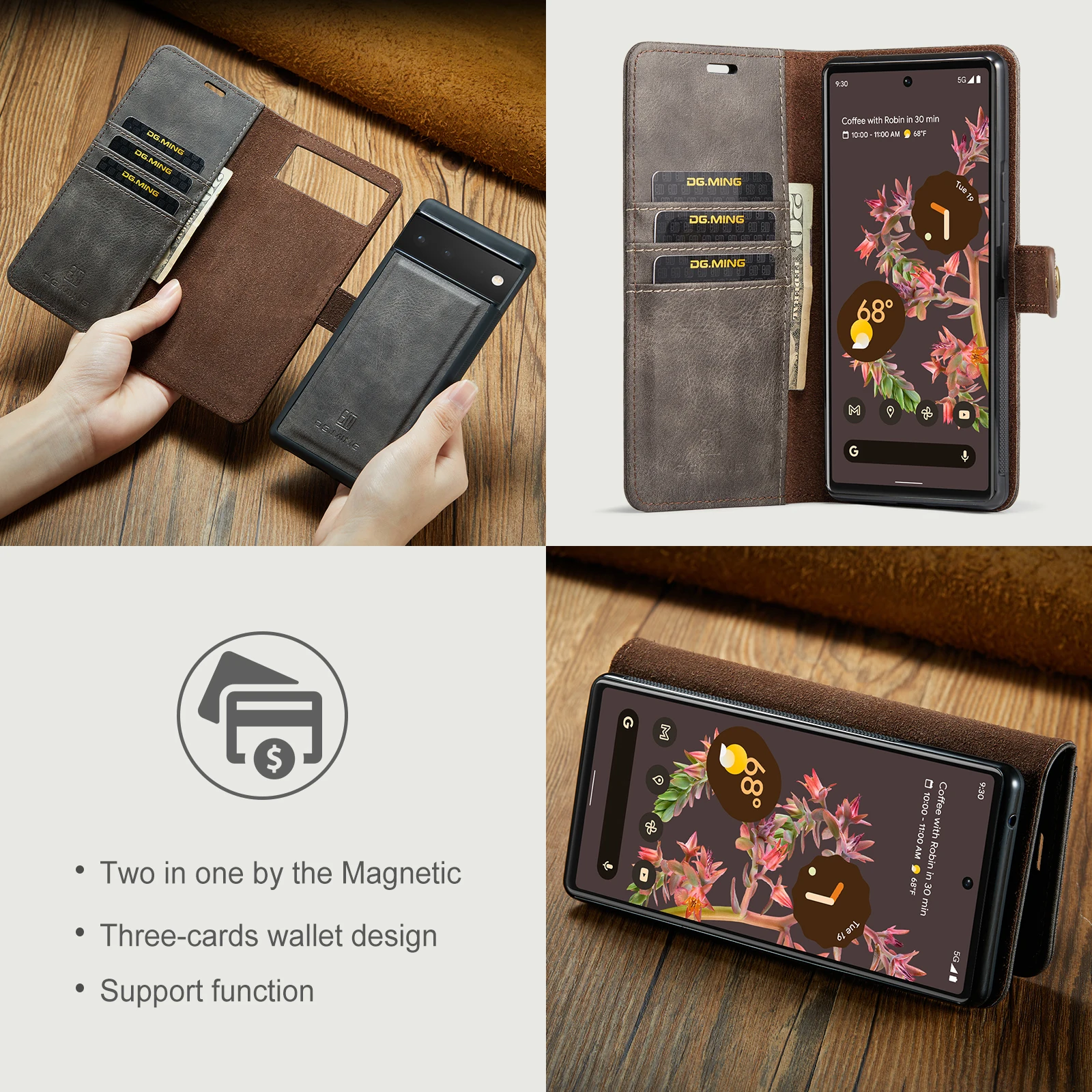 DG.Ming casing dompet ponsel 2 lipat GOOGLE Pixel, casing Flip magnetik kulit dapat dilepas untuk GOOGLE Pixel 6 7 8 9 Pro XL 2IN1