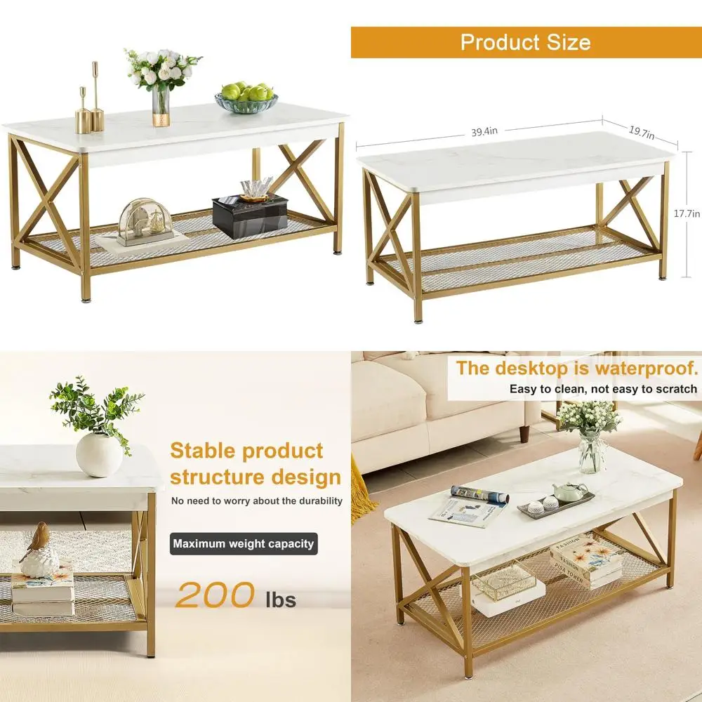 

Industrial Style Living Room/Office Coffee Table with 2-Tier Storage Shelf, X-Frame Design, Easy Assembly, 39 Inch Gold