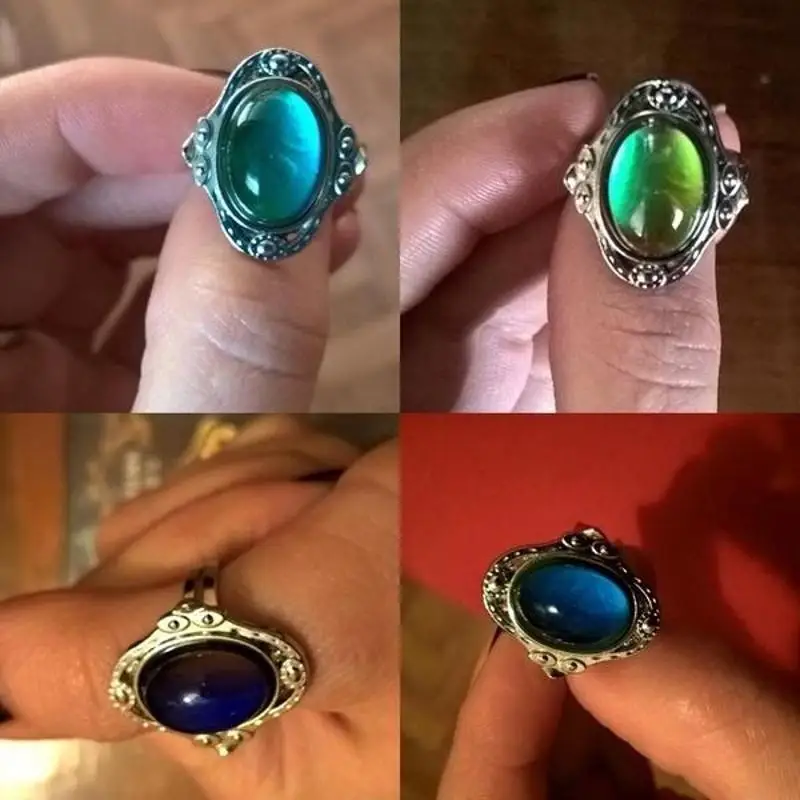 Retro Magic Mood Heart Gem Ring Color Change Temperature Sensitive Adjustable Vintage Fashion Jewelry For Women Accessory