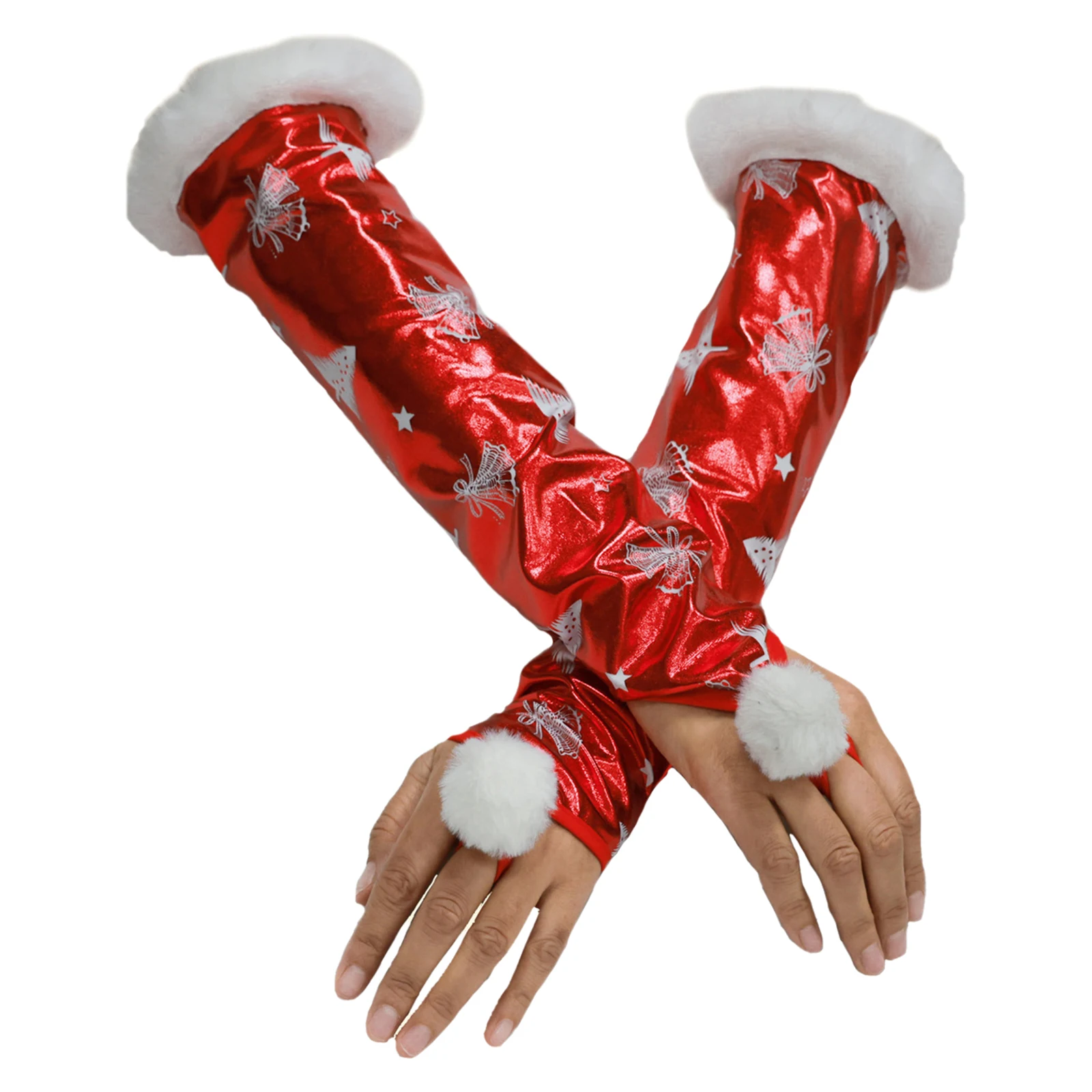 1 Pair Long Fingerless Metallic Gloves Plush Trim Design Women Opera Halloween Cosplay Costumes Gloves