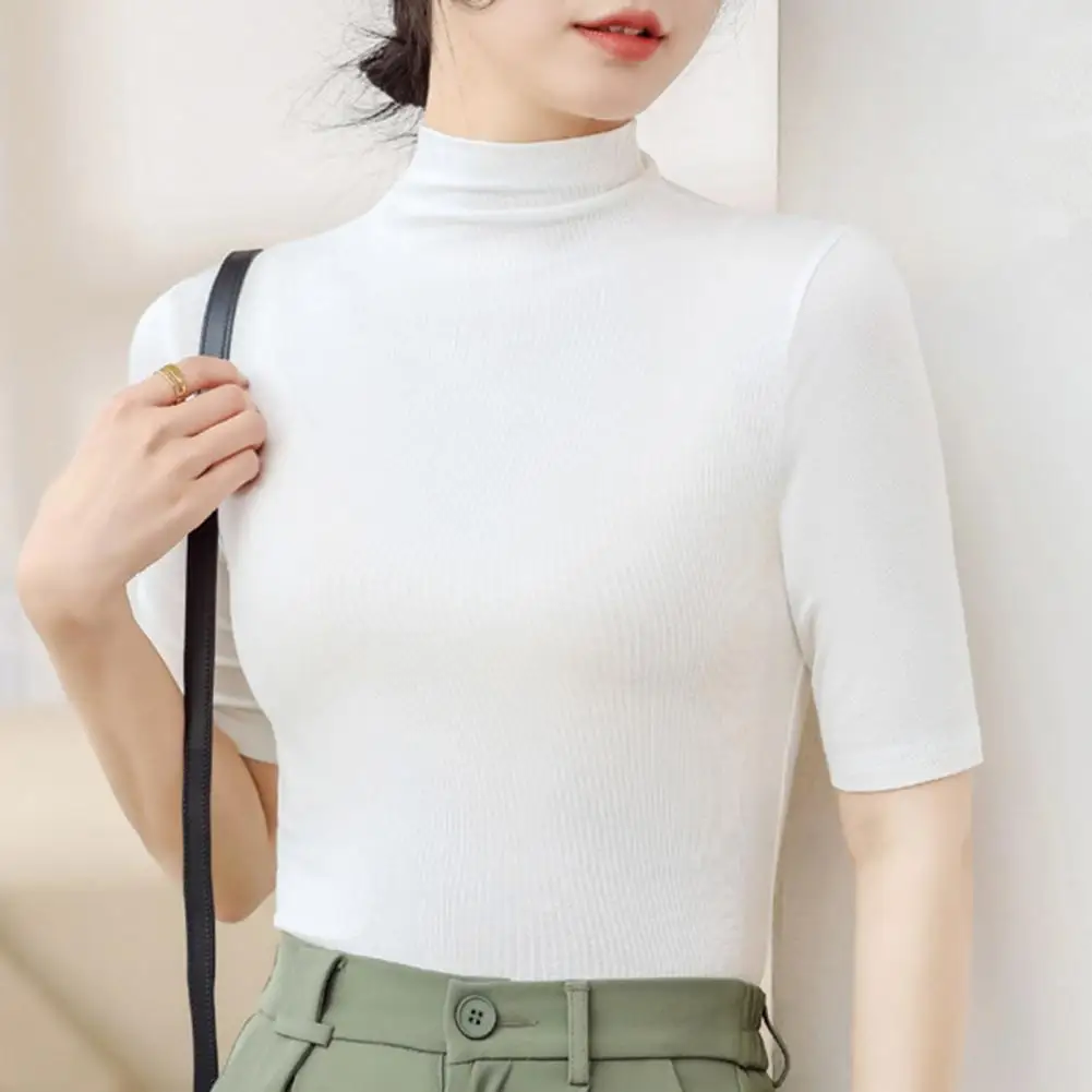 Basic Cotton T Shirt Women Turtleneck Slim Tshirt Short Sleeve T-shirts Female Casual Elasticity White Tee Shirt Femme Woman Top