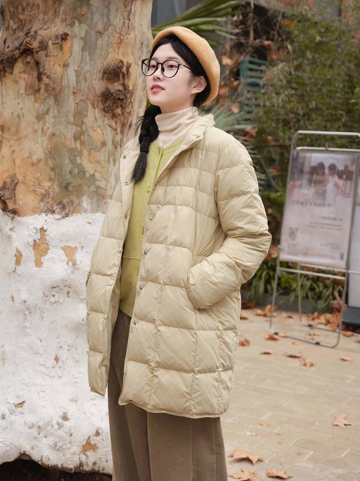 

Winter White Du down Jaet Women's Mid-Length Coat Artistic Sle 90% down Filling Long Sve Single Button Closure