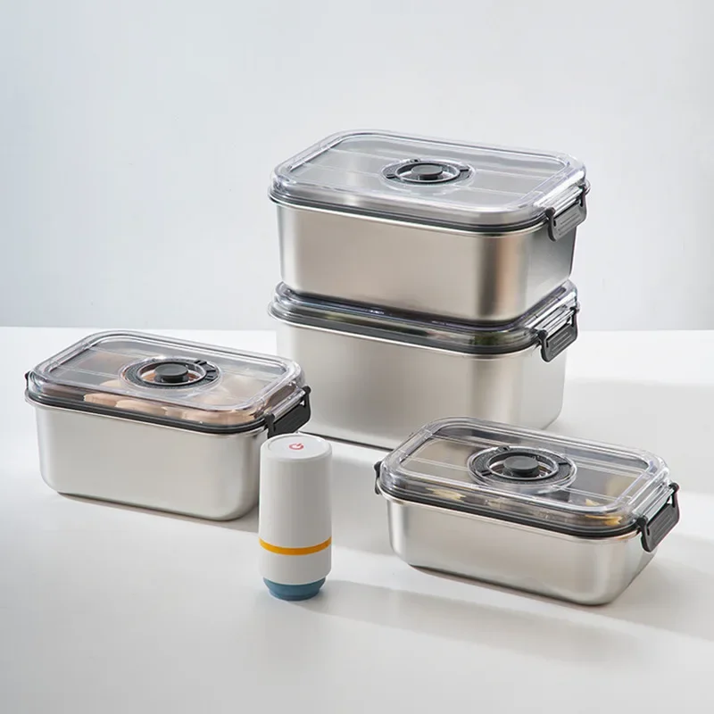 Stainless Steel Fresh-keeping Box Household Refrigerator Sealed Food Storage Container Slight Vacuum Crisper Kitchen Organizer