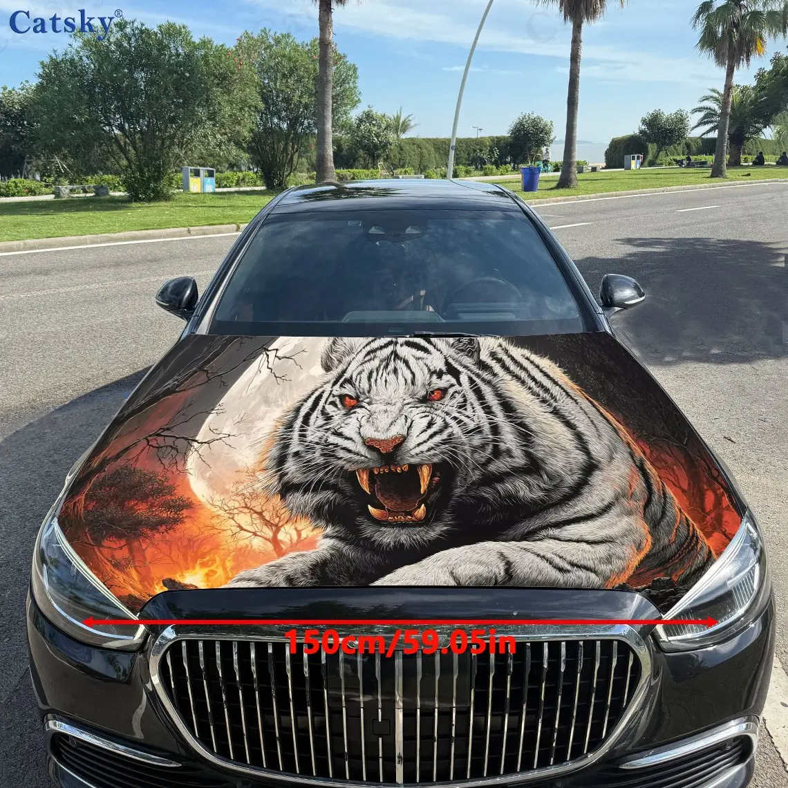 Paint Stickers - Flame White Tiger and Twilight Mountain Landscape, Wild Theme Car Hood Decoration, Adapted To Cars, SUVs and Ot