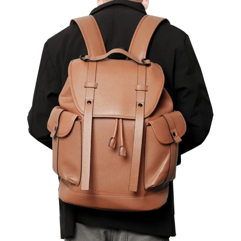 

2025 New Backpack Men Fashion Flap Men's Backpack Travel Bag 15 Inch Laptop Bags Luxury PU Leather Backapacks Student Schoolbag