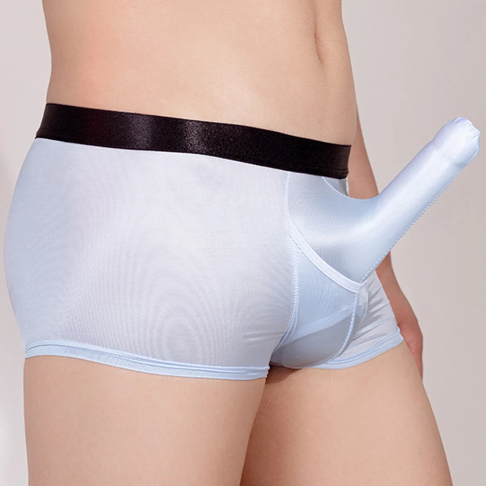 Men Flats Long Elephant Nose JJ Sleeve Erotic Panties Shiny Safety Shorts Stretchy Underwear Smooth Breathable