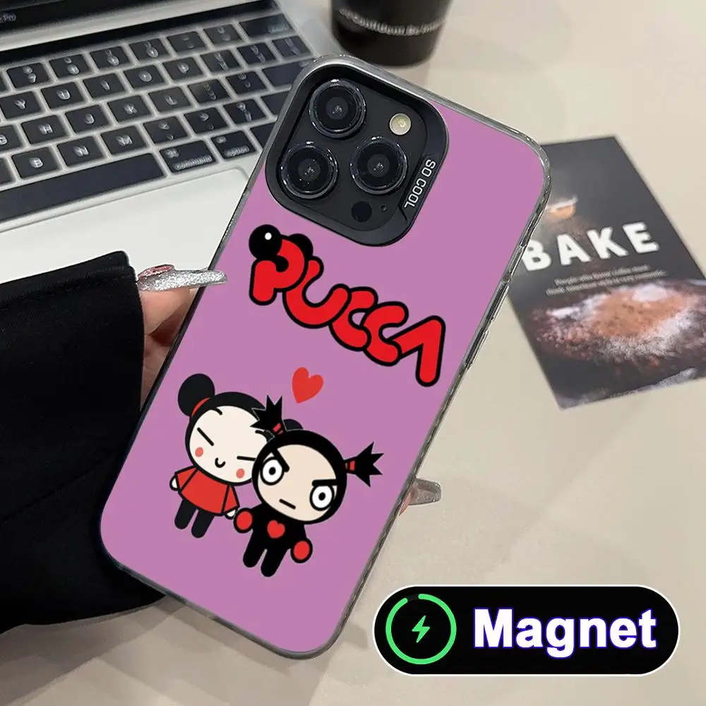 Coque de téléphone P-Pucca motif dessin animé pour iPhone 17 16 15 14 13 12 11 Air Pro Max Plus, colorée, avec aimant argenté