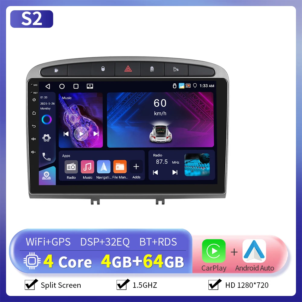 Camecho Draadloze Carplay Android Auto Radio voor Peugeot 308 408 2007-2015 Auto Intelligent Systeem 6 + 128G 4G WIFI GPS Auto Stereo