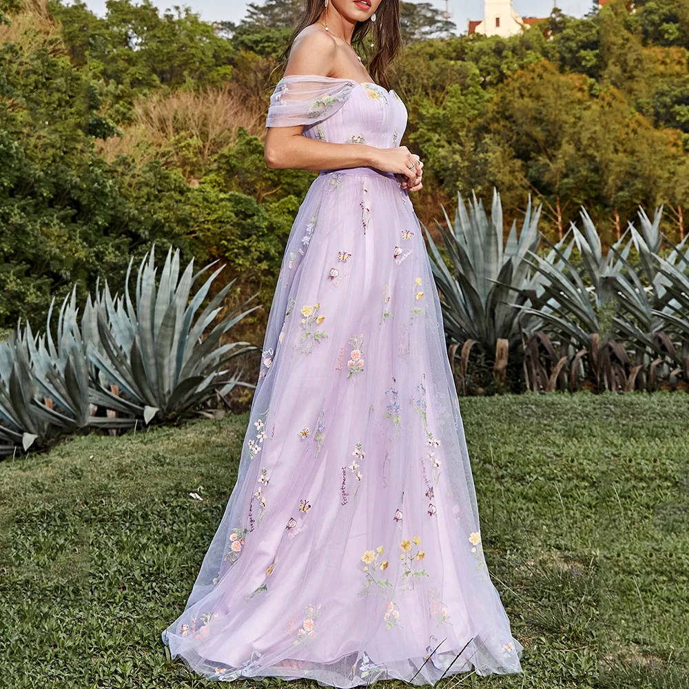 Vestidos de noite sem costas lavanda com apliques de renda, vestido de baile sem ombro, Sweetheart A-Line, vestido de festa longo e elegante