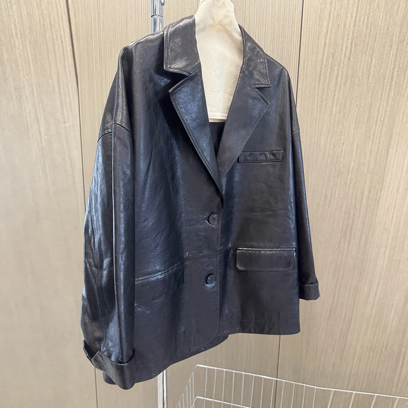 ヴィンテージオイルワックス加工ブレザー ジャケット 2026年春 高品質 レディース ミドル丈 シングルブレスト 本革 オーバーサイズ スーツコート