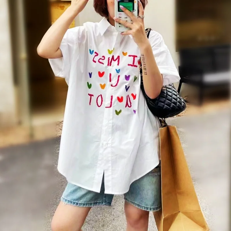 Women Blouse Shirt New Summer Shirts Sweat Colorful Letters Hearts Print Woman Tops Ladies Party Loose Short Sleeve Shirts NZ349