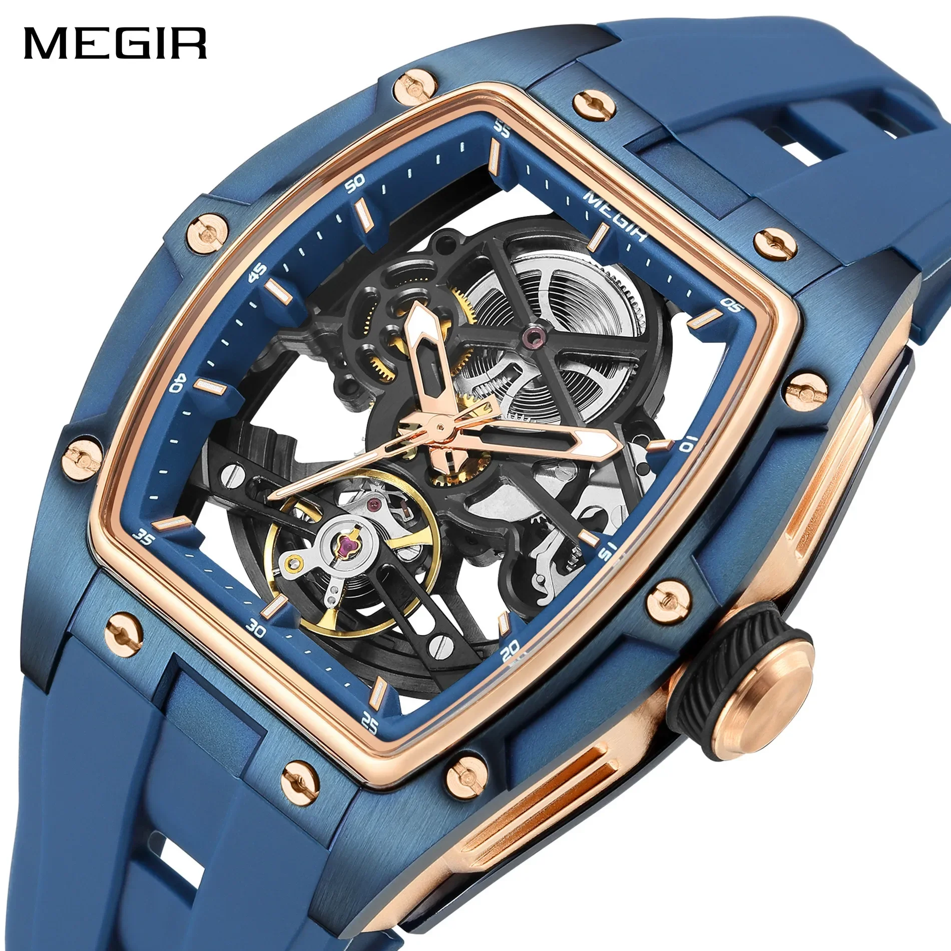 MEGIR Luxury Men's Sports Watch Silicone Mechanical Watch Hollow Automatic Movement Luminous Watch (free shipping)