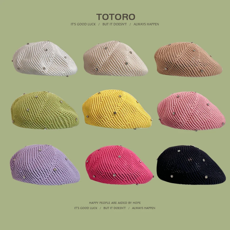 

Women's Spring and Summer Travel Versatile Hollow Rhinestone Beret Cotton Yarn Knitted Painter Hat Pumpkin Hat