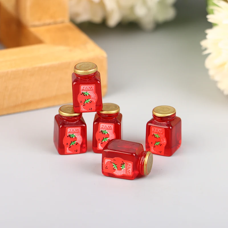 5Pcs 1/12 Dollhouse Strawberry Sauce Jam Jar Dollhouse Miniature Kitchen Food Accessories Dolls House Decorations Toys