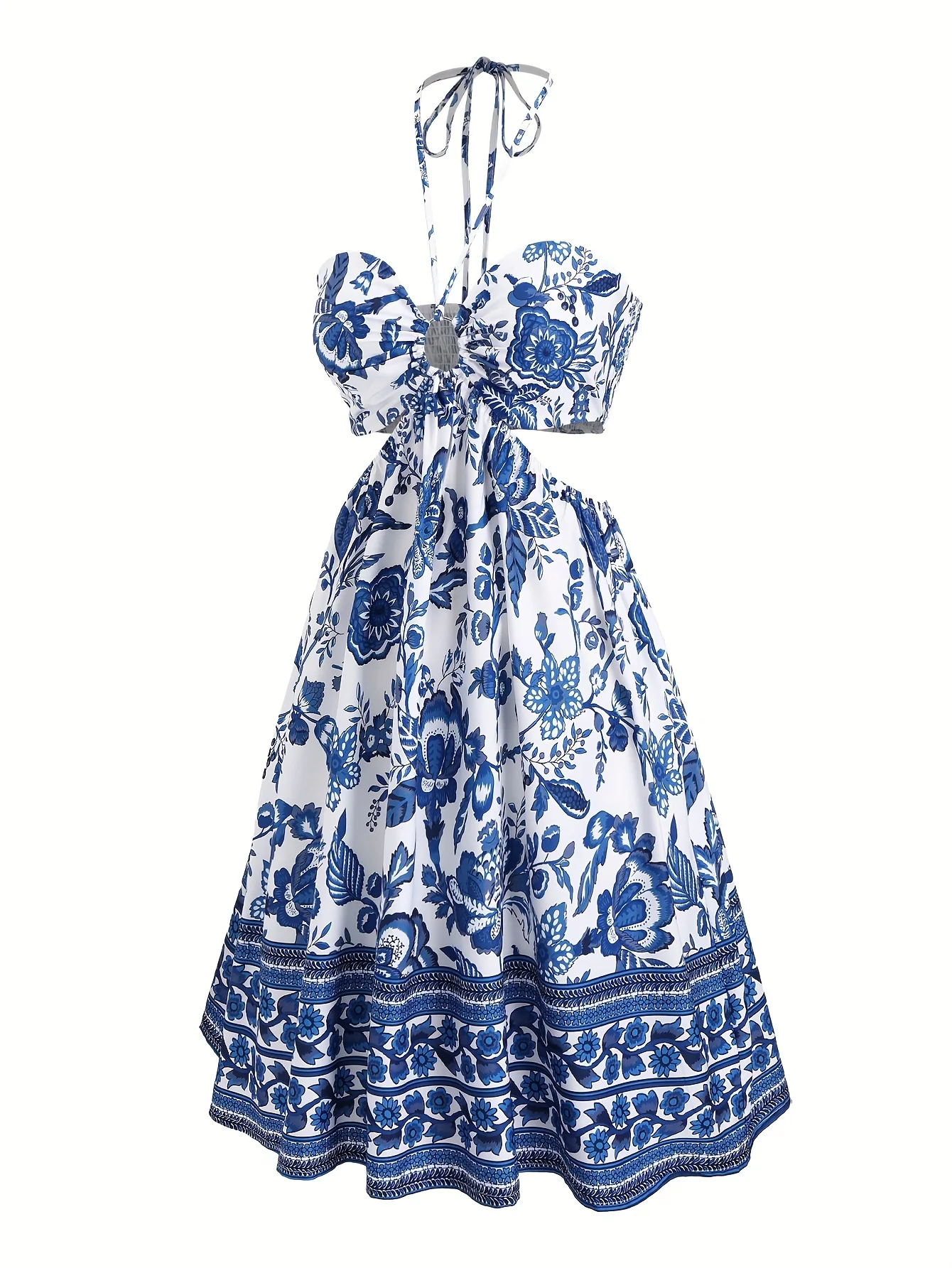 

Европейская и американская мода большого размера для женщин, сине-белый цветочный принт, бретелька на шее, вырез на талии, романтический День святого Валентина