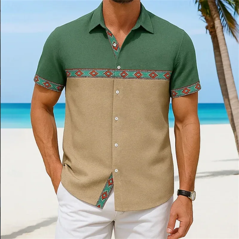 

New Vintage Ethnic Style Fashion Art Print Men's Long Sleeve Linen Shirt Hawaiian Style Summer Shirt Top