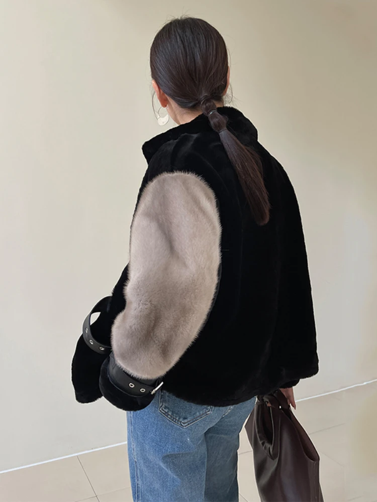 MENINA BONITA 2023 Sheepskin Coat For Women Real Sheep Fur Jackets Merino Fur With Real Mink Fur Sleeve Motorcycle Female Winter