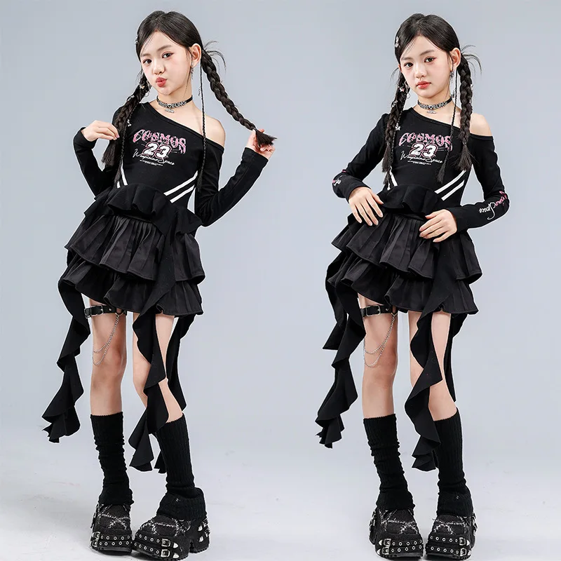 Girls K-pop Sweet Crop Top with Layered Skirts Hip Hop Street Dance Clothing Set Children's Group Streetwear Teenage Costumes