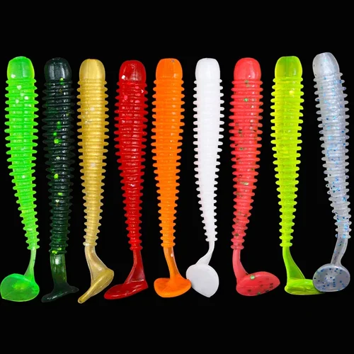 Imagen 2 del producto Señuelos blandos de gusano de pesca, anzuelos de 5cm, 6cm, 7,5 cm, delineador fácil para carpa, lubina Artificial, doble color, Swimbait de silicona, 10 Uds.