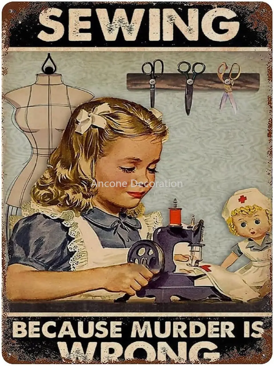 

Vintage Tin Sign Sewing Because Murder is Wrong Metal Tin Sign Love Sewing Art Wall Sign Vintage Sewing Wall Art Sewing