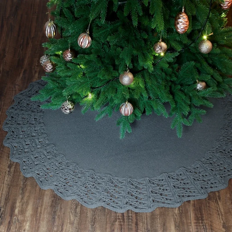 48 Inch Knitted Christmas Tree Skirt With Wavy Edges Large Round For Xmas Holiday Party Decorations