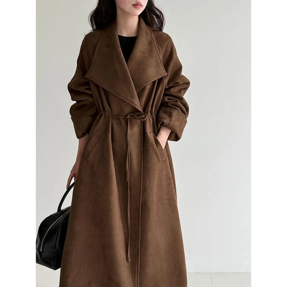 

Женский длинный плащ с непринужденным шнурком, удобная куртка с большими лацканами, осенняя новинка