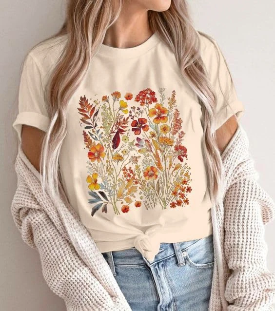 

Flowers Shirt Women Vintage Floral Printed T-Shirt Wildflowers Graphic Shirts Garden Lover Short Sleeve Tops